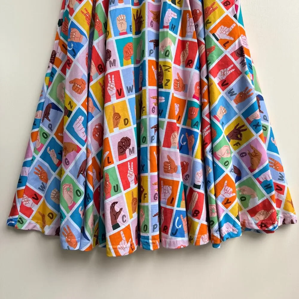 Svaha USA ASL Sign Language Alphabet Organic Cotton Twirl Skirt Pockets XS NWT